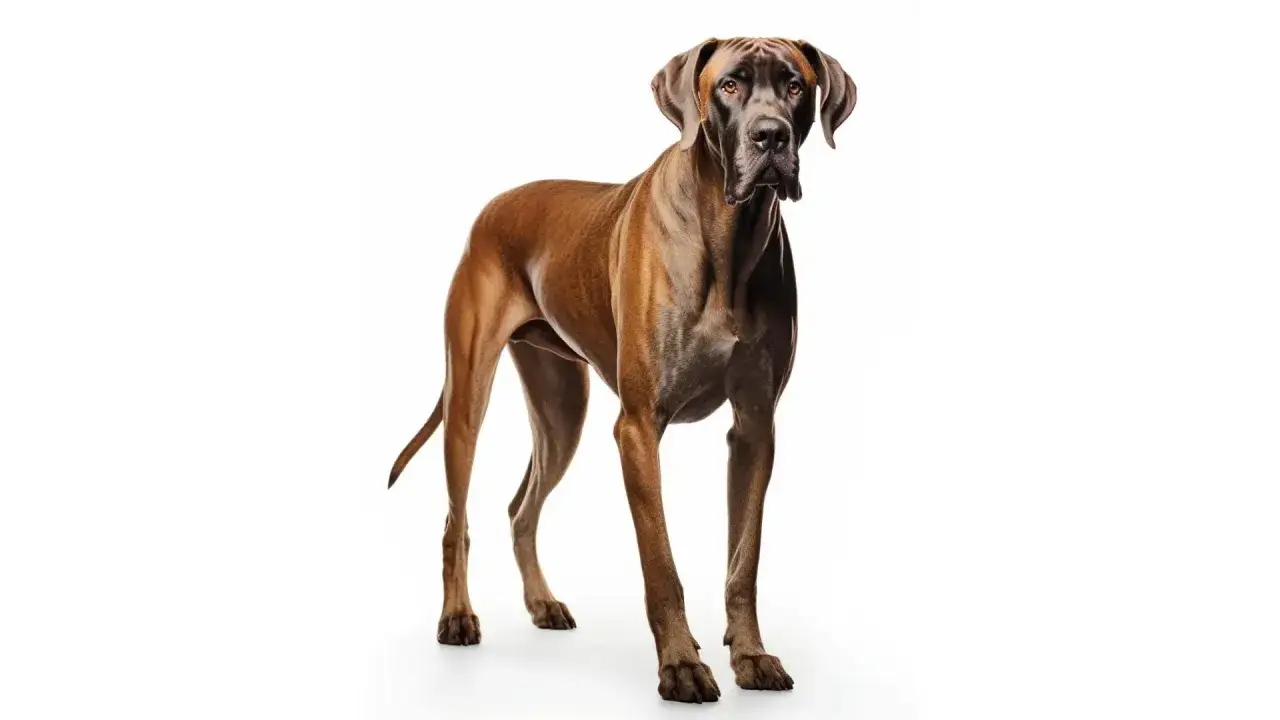 Un majestueux Dogue Allemand, un gros chien à la robe fauve, se tient fièrement sur fond blanc, prêt à conquérir le monde.