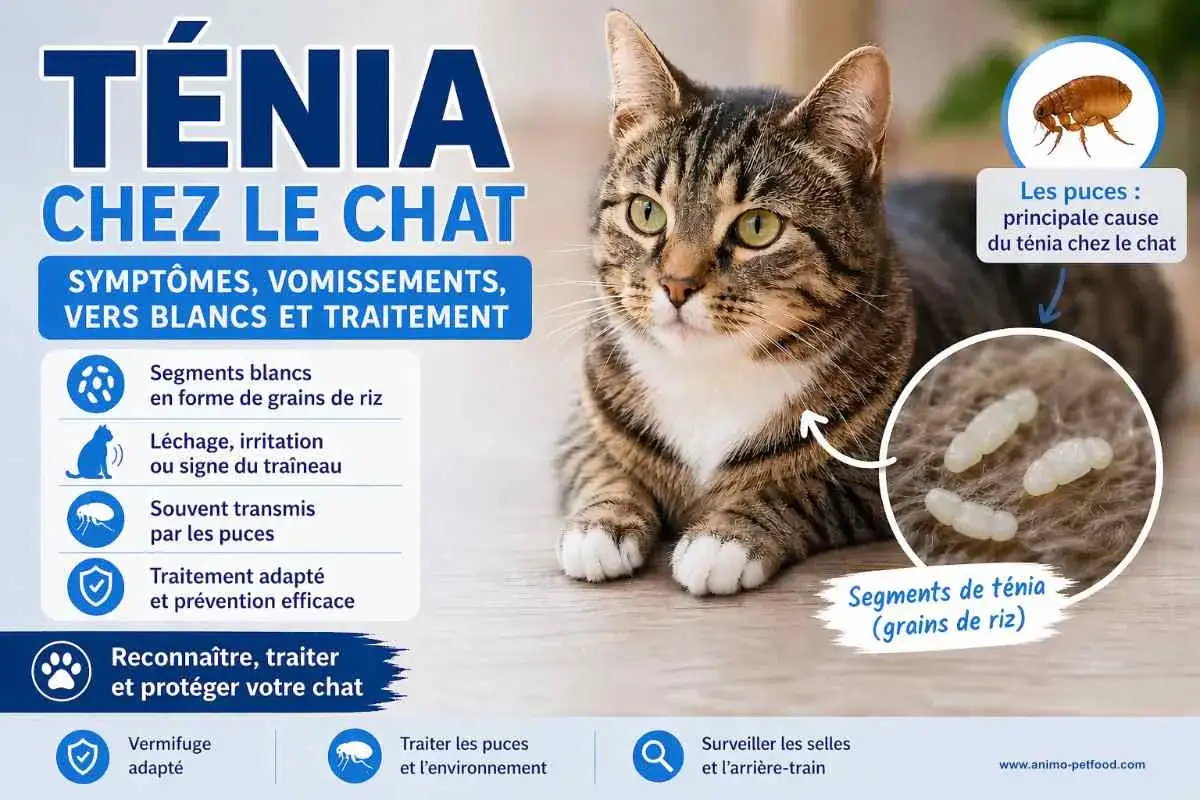 Un chat tigré est montré à côté d'informations sur le ténia, avec des images de segments blancs ressemblant à des grains de riz, qui sont des vers blancs.