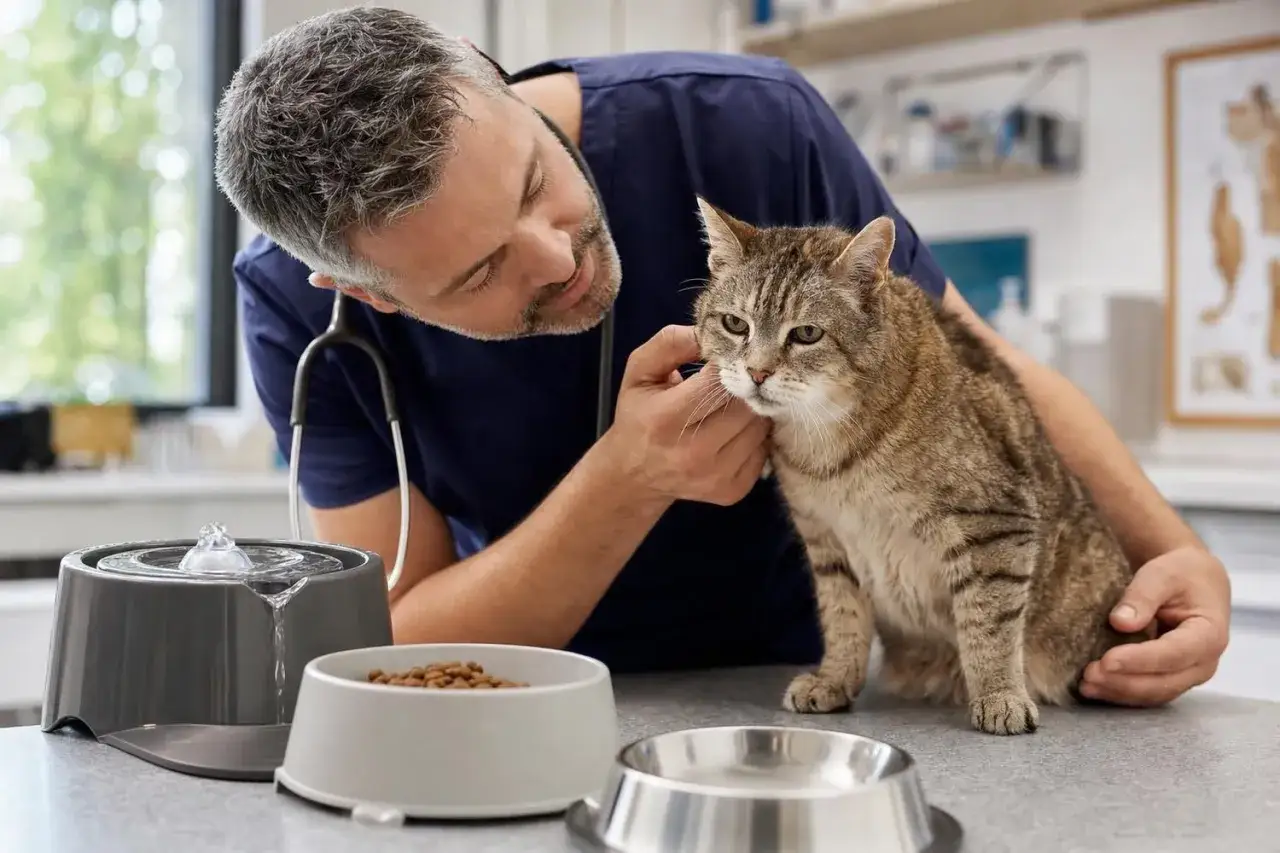 Vétérinaire examinant un chat tigré, assis près d'une fontaine à eau et d'une gamelle de croquettes. Le chat semble un peu grognon, peut-être un chat qui pète.