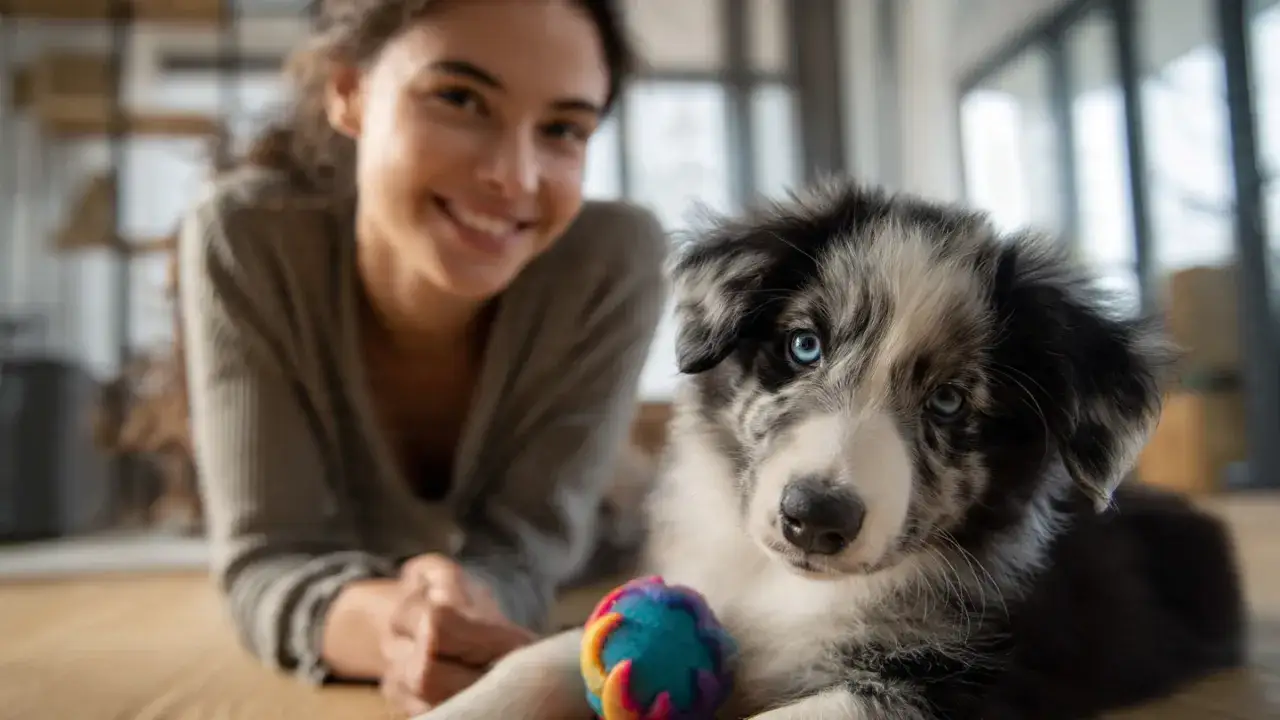Un chiot aux yeux bleus, avec sa maîtresse souriante, joue avec une balle. Le chiot mordille jusqu'à quel âge ? C'est une question courante pour les nouveaux propriétaires.