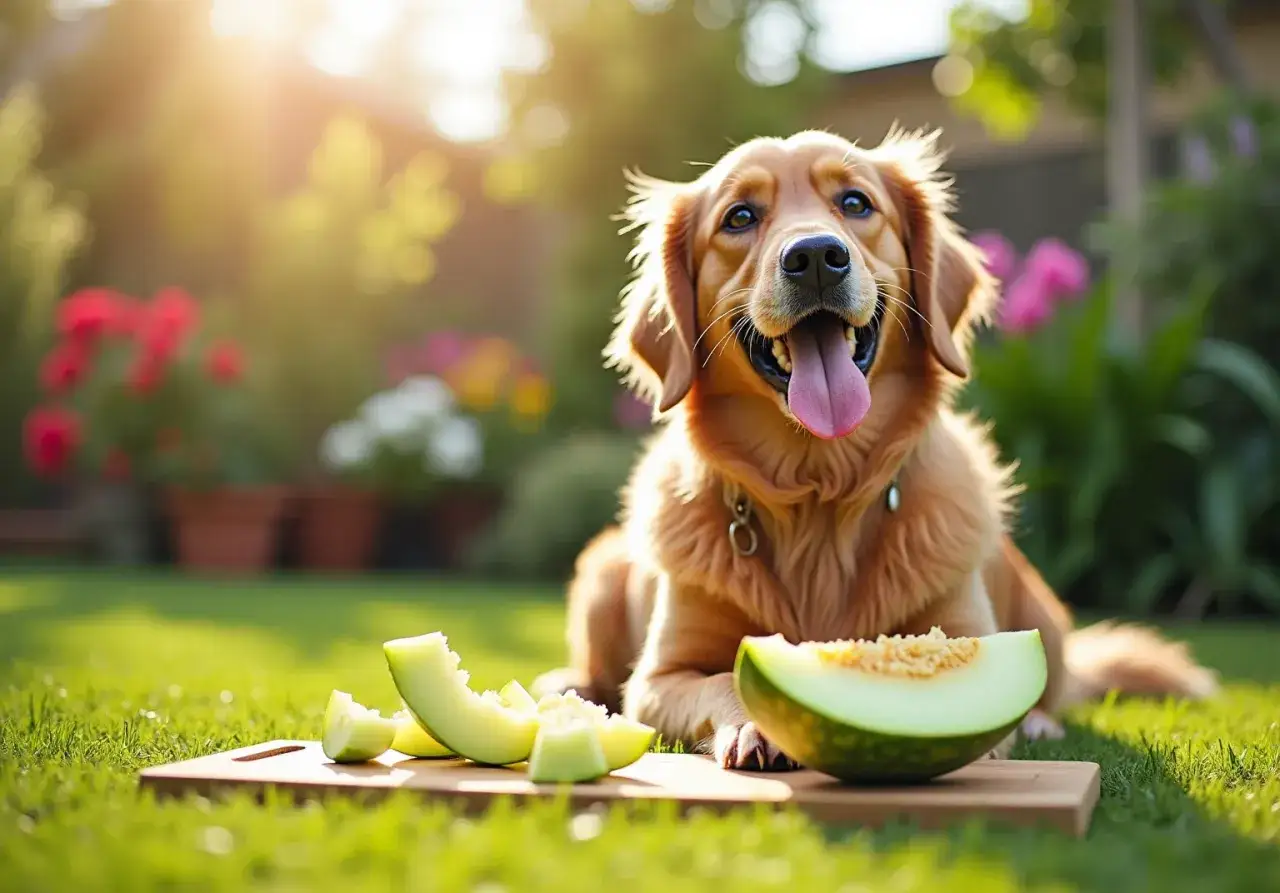 Un chien golden retriever, heureux et ensoleill&eacute;, profite d'un jardin avec des morceaux de melon.