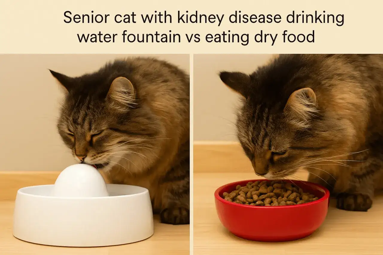 Chat senior buvant à une fontaine à eau, comparé à un autre chat mangeant des croquettes. Aide pour l'insuffisance rénale chat.