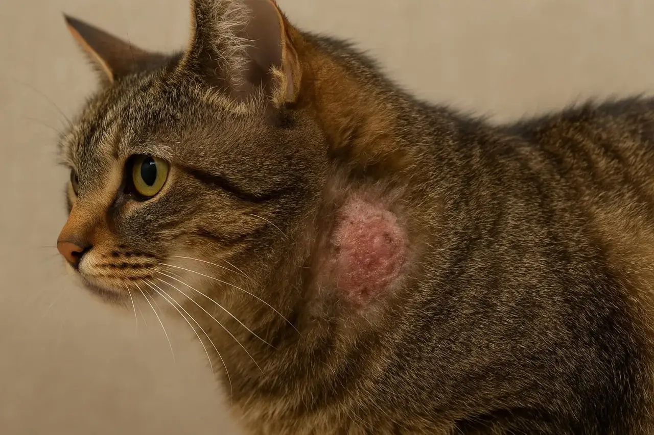 Un chat tigré a une plaie rouge et irritée sur le flanc, près de son oreille.