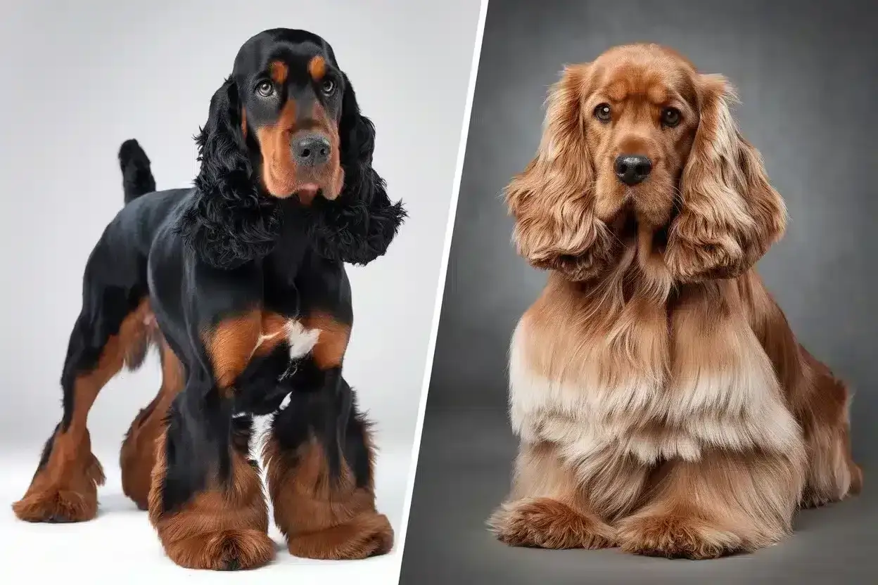 Un cocker anglais noir et feu se tient fi&egrave;rement &agrave; c&ocirc;t&eacute; d'un cocker am&eacute;ricain roux, deux beaut&eacute;s &agrave; poil long.