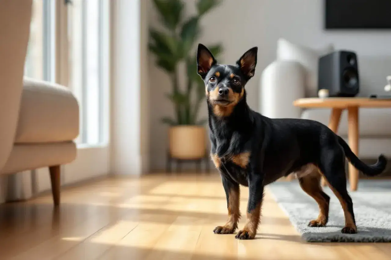 Petit chien noir et brun, l'air attentif, dans un salon lumineux. Peut-&ecirc;tre &eacute;coute-t-il de la musique pour chien qui aboie pour se calmer.