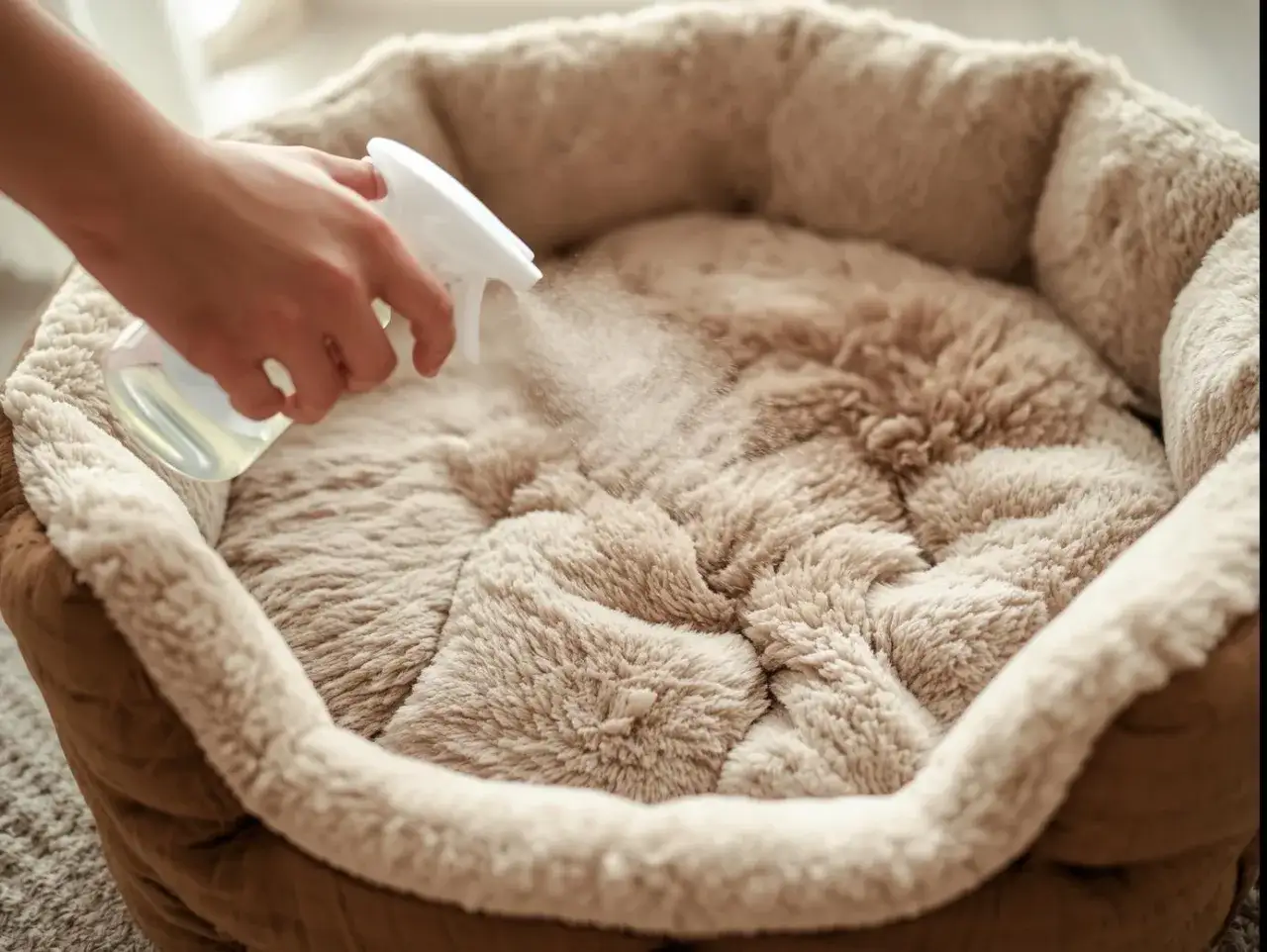 Une astuce de grand-m&egrave;re pour &eacute;liminer l'odeur de chien : vaporiser un produit naturel sur le panier douillet.