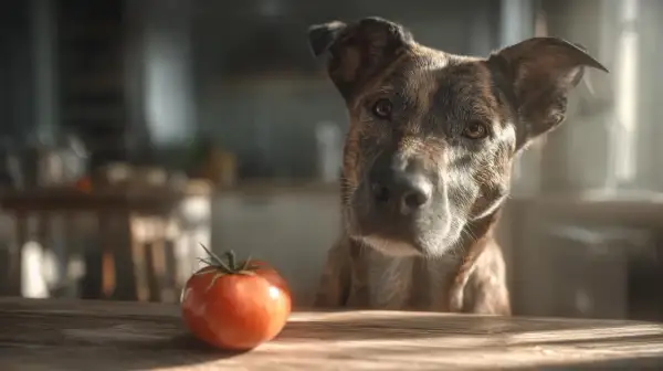 Un chien tigré regarde une tomate sur une table en bois. Il semble curieux de savoir si cette tomate est pour chien.
