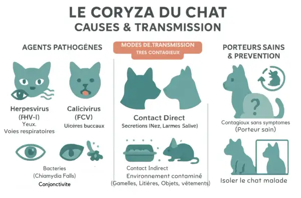 Infographie sur le coryza du chat : causes (herpèsvirus, calicivirus, bactéries), transmission (directe, indirecte) et prévention (porteurs sains, isolement).