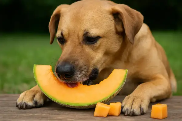 Un chien brun savoure une tranche de melon juteux, entouré de dés de melon sur une table en bois.