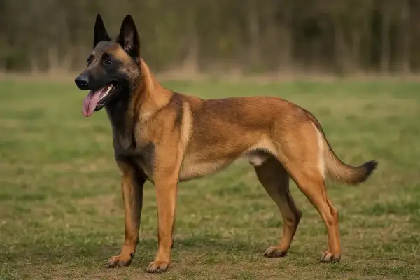 Un magnifique Malinois, fier et alerte, sur une pelouse. Son énergie débordante est son atout, mais sa sensibilité peut être son point faible du malinois.