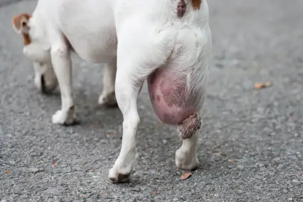 Gros plan sur un chien blanc avec une grosse boule de graisse sous la queue. La peau est rosée et tendue.
