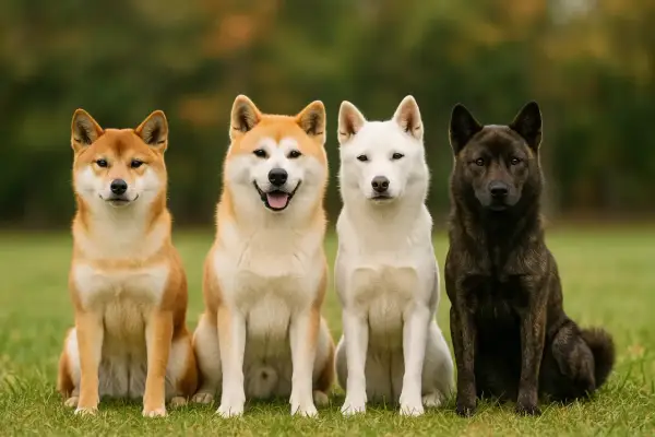 Quatre chiens, dont un akita inu, posent sur l'herbe. Deux sont roux, un est blanc et le dernier est tigré.