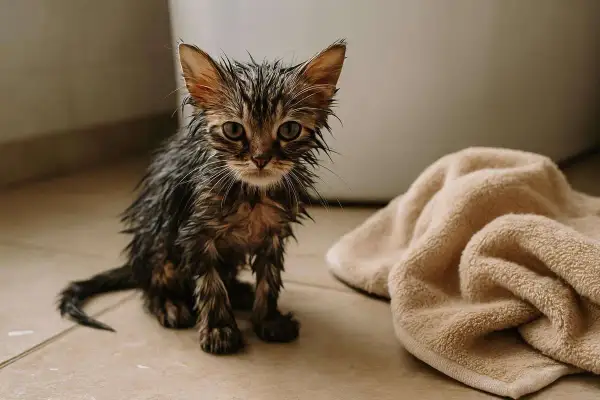 Un adorable chaton mouillé, l'air un peu perdu, est assis sur le carrelage à côté d'une serviette beige.