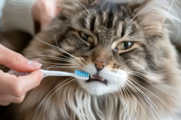 Un chat Maine Coon au pelage long et soyeux se fait brosser les dents avec une petite brosse à dents bleue.