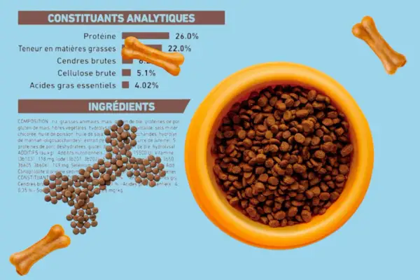 Croquettes pour chien avec 0.35% de cendres brutes, présentées dans une gamelle orange, avec des friandises en forme d'os.