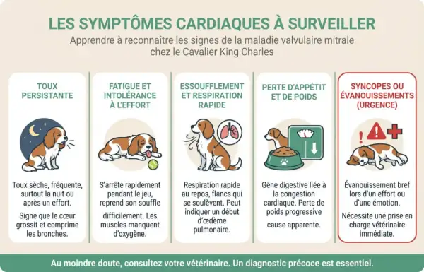 Chien Cavalier King Charles souffrant de maladie valvulaire dégénérative : toux, fatigue, essoufflement, perte d'appétit, syncopes. Urgence vétérinaire.