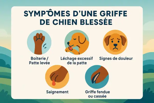 Illustration des symptômes d'une griffe de chien blessée, incluant une griffe fendue ou cassée, boiterie, léchage excessif, saignement et signes de douleur.