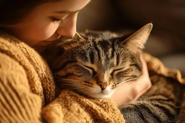 Un enfant enlace tendrement son chat, un compagnon félin atteint d'un cancer en phase terminale. Un moment de douceur et d'amour partagé.