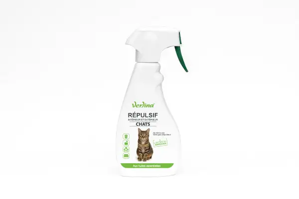 Flacon spray Verina Répulsif pour chats, intérieur/extérieur. Son odeur repulsif chat, à base d'huiles essentielles, éloigne les félins sans danger.