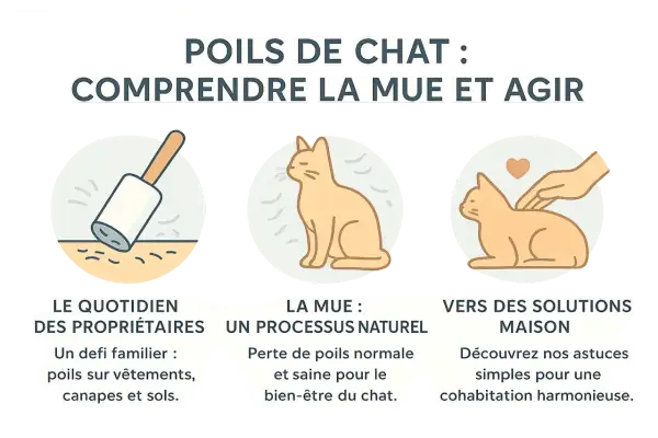 Rouleau pour enlever les poils de chat sur les vêtements, un chat en pleine mue, et une main caressant un chat. Astuces pour une cohabitation harmonieuse.