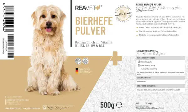 Un chien à poil long et clair, assis, avec un emballage de levure de bière pour chien et chat.