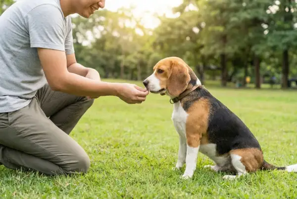 Un homme donne une friandise à un adorable beagle chien assis dans l'herbe, sous le soleil.
