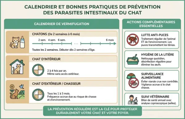 Calendrier de vermifugation et actions pour prévenir les vers intestinaux du chat. Conseils pour chatons, chats d'intérieur et d'extérieur.