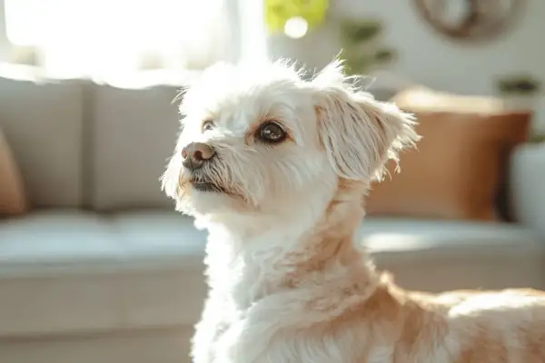 Un adorable chien qui n'aboie pas et ne perd pas ses poils, baigné de lumière.