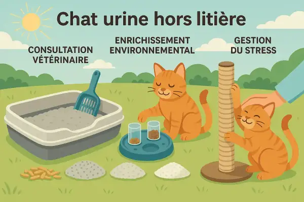 Mon chat fait pipi à côté de sa litière. L'image montre des solutions : consultation vétérinaire, enrichissement environnemental et gestion du stress.