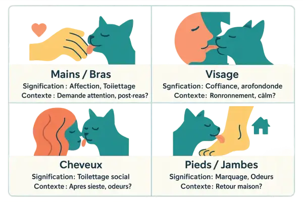 Mon chat me lèche le visage, signe de confiance et de ronronnements calmes.