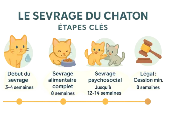 Le sevrage du chaton, de 3-4 semaines à 12-14 semaines, couvre les étapes alimentaire, psychosociale et légale.
