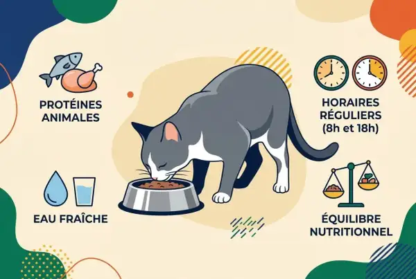 Un chat gris et blanc mange dans sa gamelle. L'image illustre comment nourrir un chat combien de fois par jour : protéines animales, eau fraîche, horaires réguliers (8h et 18h) et équilibre nutritionnel.