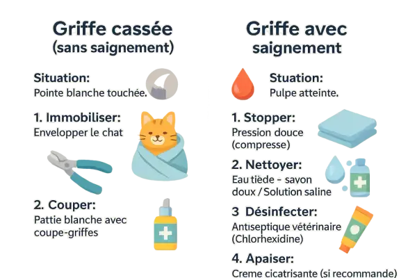 Guide pour soigner une griffe arrachée chez le chat : conseils pour une griffe cassée sans saignement ou avec saignement.
