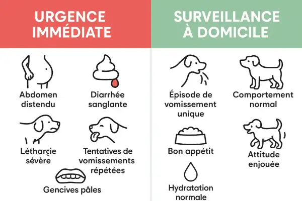Illustration montrant un chien qui vomit, parmi d'autres symptômes canins.