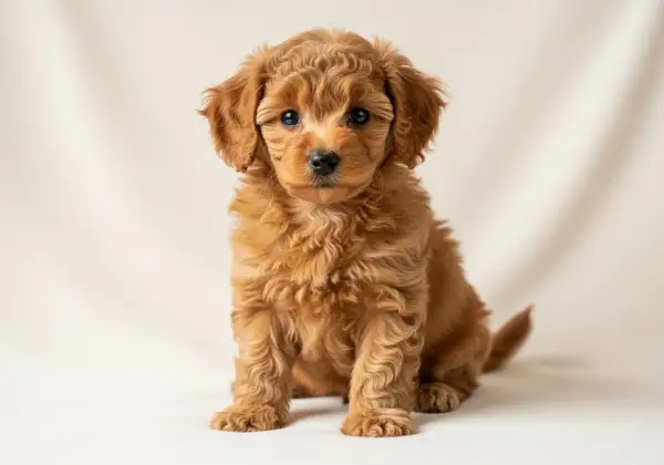 Adorable caniche nain roux, assis, avec des boucles douces et des yeux curieux.