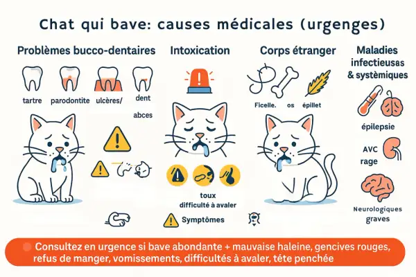 Illustration expliquant pourquoi mon chat bave : problèmes dentaires, intoxication, corps étranger, maladies. Urgence si bave abondante, mauvaise haleine, etc.