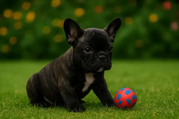Un adorable bouledogue français nain, tout noir tigré, est assis sur l'herbe verte à côté d'une balle rouge à pois bleus.