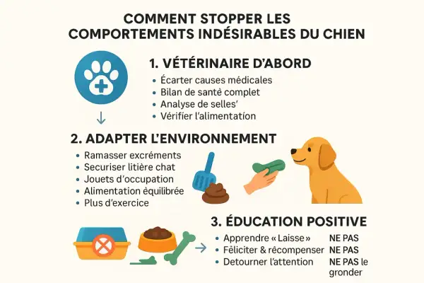 Infographie sur les comportements indésirables du chien : vétérinaire, environnement, éducation. Elle aborde pourquoi les chiens mangent du caca.