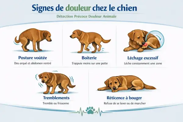 Mon chien a du mal à marcher, il boite et refuse de bouger. L'image montre les signes de douleur chez le chien : posture voûtée, boiterie, léchage excessif, tremblements et réticence à bouger.
