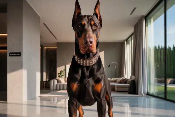 Doberman au collier clouté, regard intense. Mon chien est devenu agressif subitement, il garde la maison.