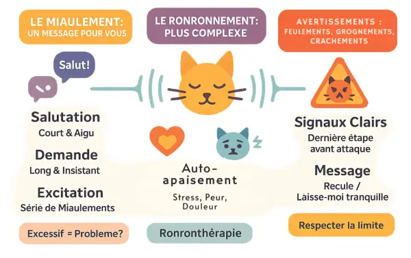 Le ronronnement est plus complexe que le miaulement. Il peut signifier l'auto-apaisement, le stress, la peur, la douleur, ou même une "ronronthérapie". Comprendre pourquoi mon chat ronronne aide à décoder ses messages.