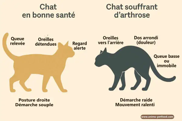 Illustration comparant un chat sain (queue relevée, démarche souple) et un chat souffrant d'arthrose, notamment à la patte avant, montrant un dos arrondi et une démarche raide.