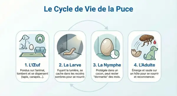 Le cycle de vie de la puce : œuf pondu sur un animal, puis larve se cachant dans les recoins sombres, nymphe dans un cocon, et enfin l'adulte qui saute sur un hôte.