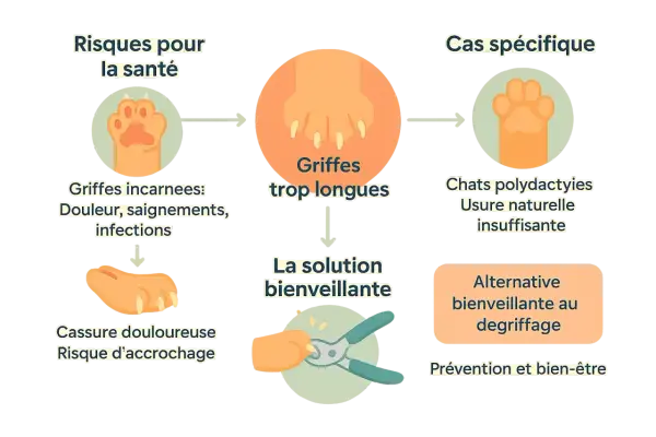 Schéma expliquant les risques des griffes trop longues chez le chat et la solution bienveillante pour couper griffe chat.