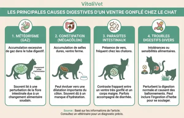 Infographie expliquant les causes d'un ventre gonflé chez le chat : gaz, constipation, parasites, ou troubles digestifs. Une tumeur peut aussi en être la cause.