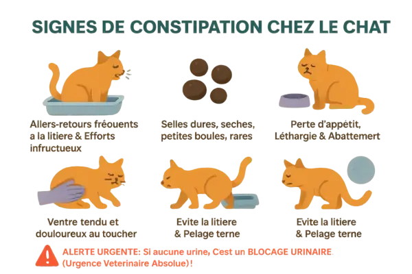 Mon chat ne fait plus caca depuis 4 jours. L'image montre les signes de constipation féline : allers-retours à la litière, selles rares, perte d'appétit, ventre tendu.