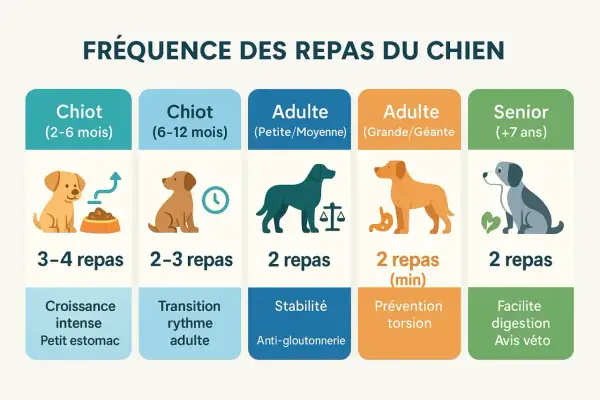 Graphique sur la fréquence des repas du chien. Un chiot de 2-6 mois a besoin de 3-4 repas pour sa croissance intense.