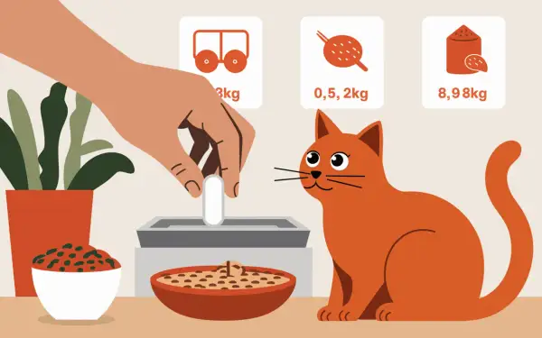 Un chat roux attend sa dose de Credelio. L'image montre une main plaçant une pilule dans un distributeur, avec des indications de poids pour le chat.