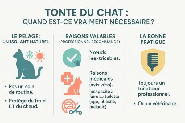 Infographie sur la tonte du chat : le pelage est un isolant naturel. La tonte est nécessaire pour les nœuds ou raisons médicales, à faire par un professionnel.